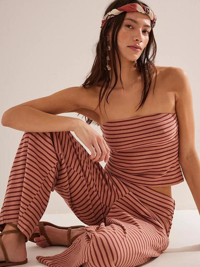 Women'S Striped Print Crop Tube Top & Wide Leg Pants Set, Street Fashion Casual Two-Piece Set for Daily Wear, Ladies Summer Clothes, Cute Summer Outfit