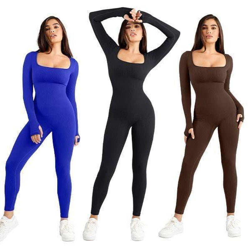 Popilush Sports Seamless Square Neck Long Sleeve Jumpsuits-Live