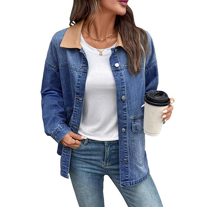 EVALESS Casual Fall Jacket for Women,Lady Plain Loose Fit Cotton Denim Jacket,Lapel Long Sleeve Button down Lightweight Coats with Pocket,2025 Fashion Womenswear Fall Winter Outfits