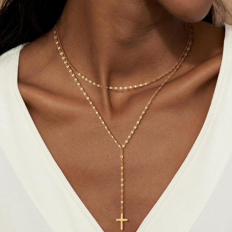 Tewiky Lariat Lip Chain Necklace&Earringsfor Women, Dainty Long Necklace Gold Y-Shaped Cross Pendant Necklace Trendy Layered Cz Beaded Chain Drop Necklaces Simple Gold Jewelry Set for Women Gift