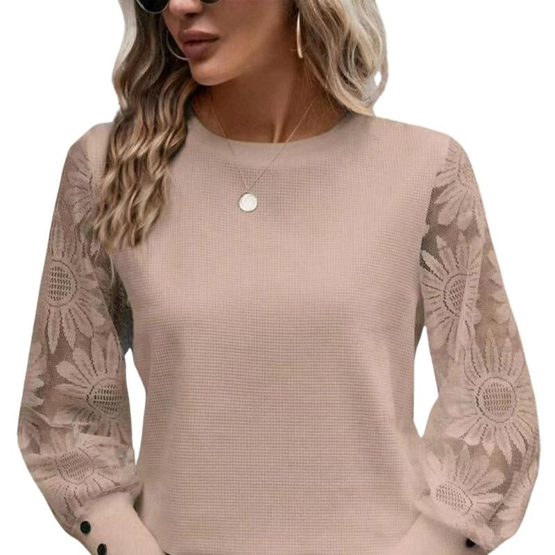 Huonwei Women Waffle Tops Long Sleeve Casual T Shirt Mesh Floral Blouse Crew Neck Loose Pullover Button Decor Tee Women'S Shirt for Christmas Halloween Party New Year Gift 118