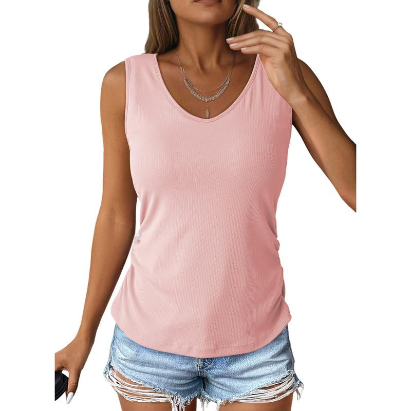 Dokotoo Tank Top with Built in Bra for Women Casual Summer Sleeveless Tops Slim Fitted V Neck Ruched Cami Shirts