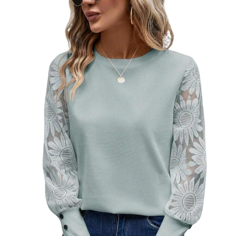 Huonwei Women Waffle Tops Long Sleeve Casual T Shirt Mesh Floral Blouse Crew Neck Loose Pullover Button Decor Tee Women'S Shirt for Christmas Halloween Party New Year Gift 118