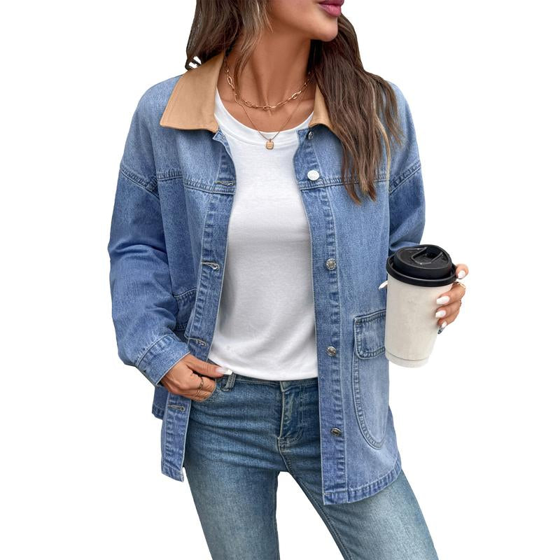 EVALESS Casual Fall Jacket for Women,Lady Plain Loose Fit Cotton Denim Jacket,Lapel Long Sleeve Button down Lightweight Coats with Pocket,2025 Fashion Womenswear Fall Winter Outfits