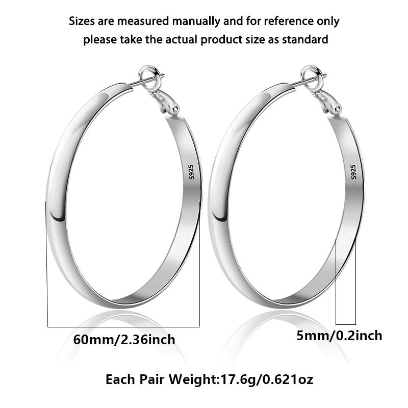 AELNEN 925 Sterling Silver Wide Hoop Earrings for Women - outside Diameter 60Mm, Hypoallergenic, Lightweight, Big Hoop Earrings for Women