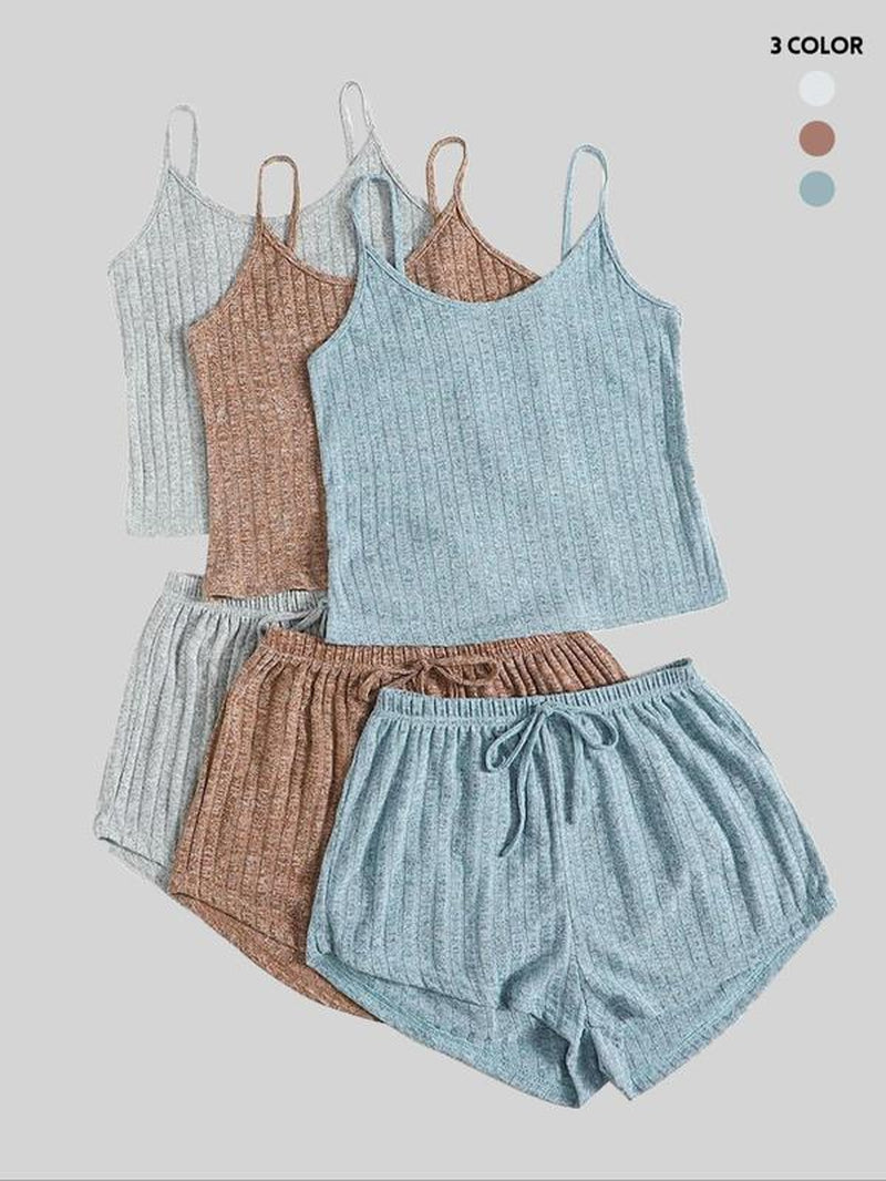 Women'S Plain Crop Cami Top & Tie Front Shorts Vintage Set, Summer Clothes, Casual Fit Spaghetti Strap Camisole & Shorts Set, Back to School Outfits, Women'S Clothes, Two Piece Set Women, Summer 2 Piece Set, Womenswear