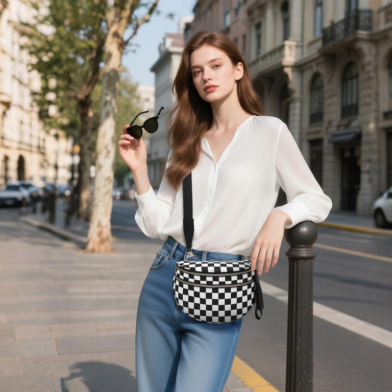 Black and White &Colorful Checkered Nylon Bum Bag - Minimalist Purse Detachable Strap & Coin Pouch - Perfect for Work & Weekend Crossbody Fanny Pack Bumbag Full Size