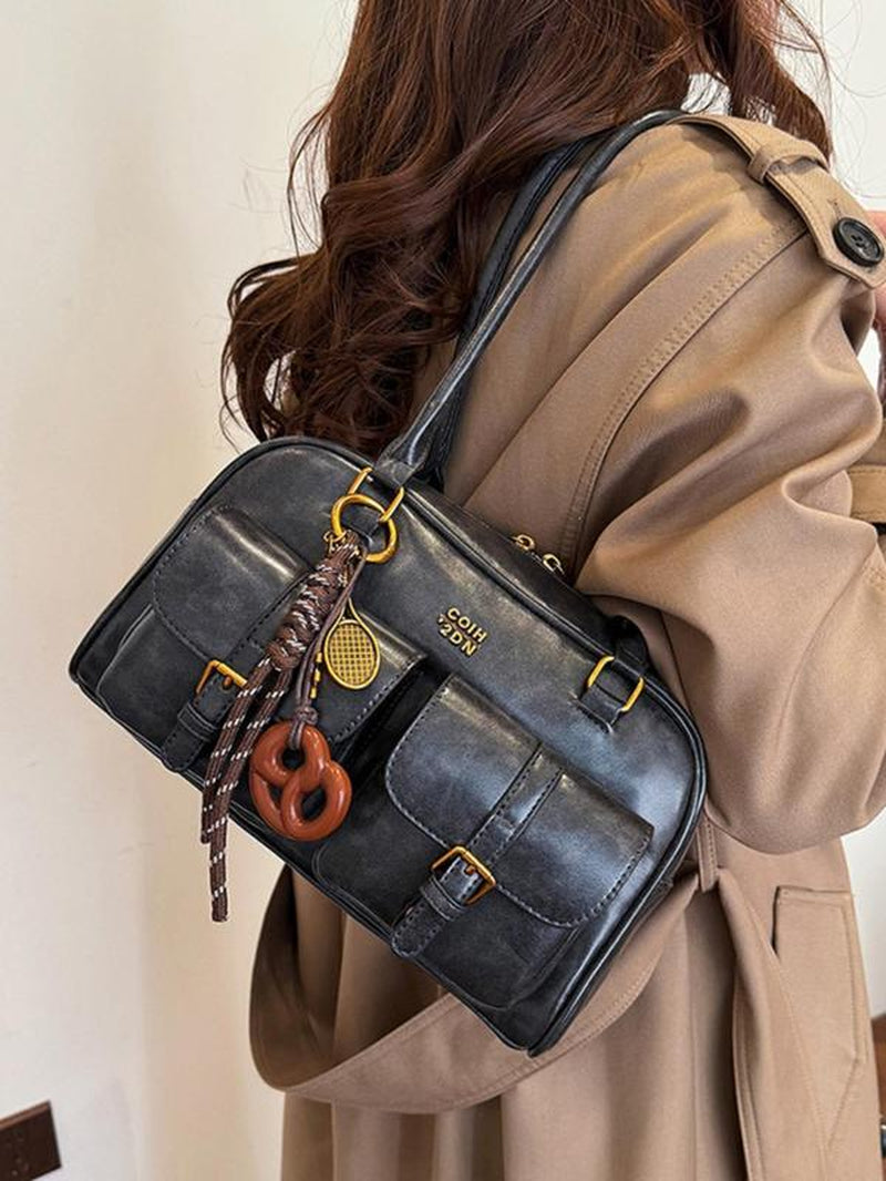 Women'S Retro Solid Color PU Leather Shoulder Bag, Large Capacity Crossbody Bag with Detachable Accessory Charm, Casual Trendy Versatile High-Quality Daily Commuting Bag