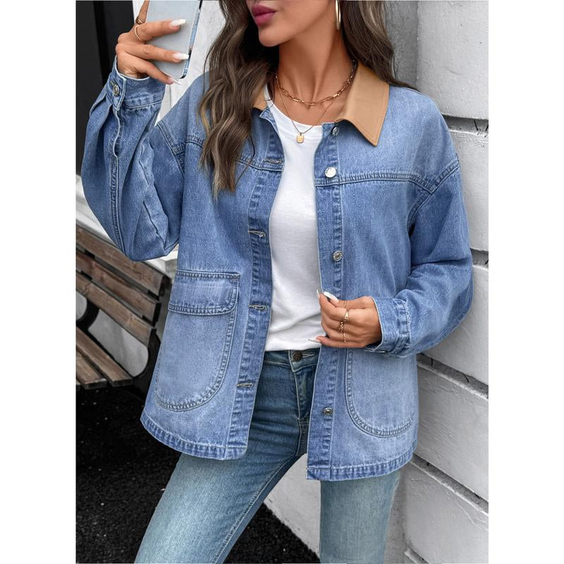 EVALESS Casual Fall Jacket for Women,Lady Plain Loose Fit Cotton Denim Jacket,Lapel Long Sleeve Button down Lightweight Coats with Pocket,2025 Fashion Womenswear Fall Winter Outfits