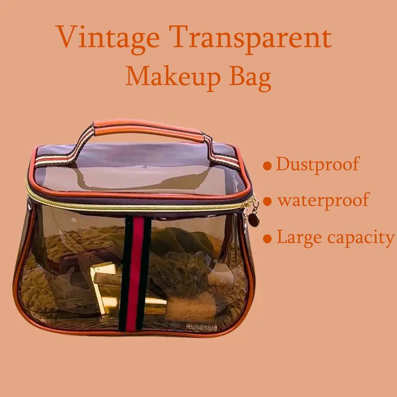 New Retro Vintage Vanity Bag, Vintage Makeup Bag, Ladies Large Capacity Makeup Organizer, Waterproof Transparent with Zipper Toiletry Bag, Women Ladies Travel Storage Case (Transparent Brown)
