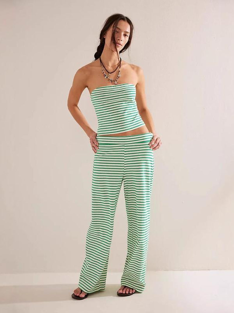 Women'S Striped Print Crop Tube Top & Wide Leg Pants Set, Street Fashion Casual Two-Piece Set for Daily Wear, Ladies Summer Clothes, Cute Summer Outfit