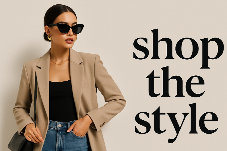 generate me a photo of a woman weaing fashionable clothes and some text next to her on the right that says shop the style