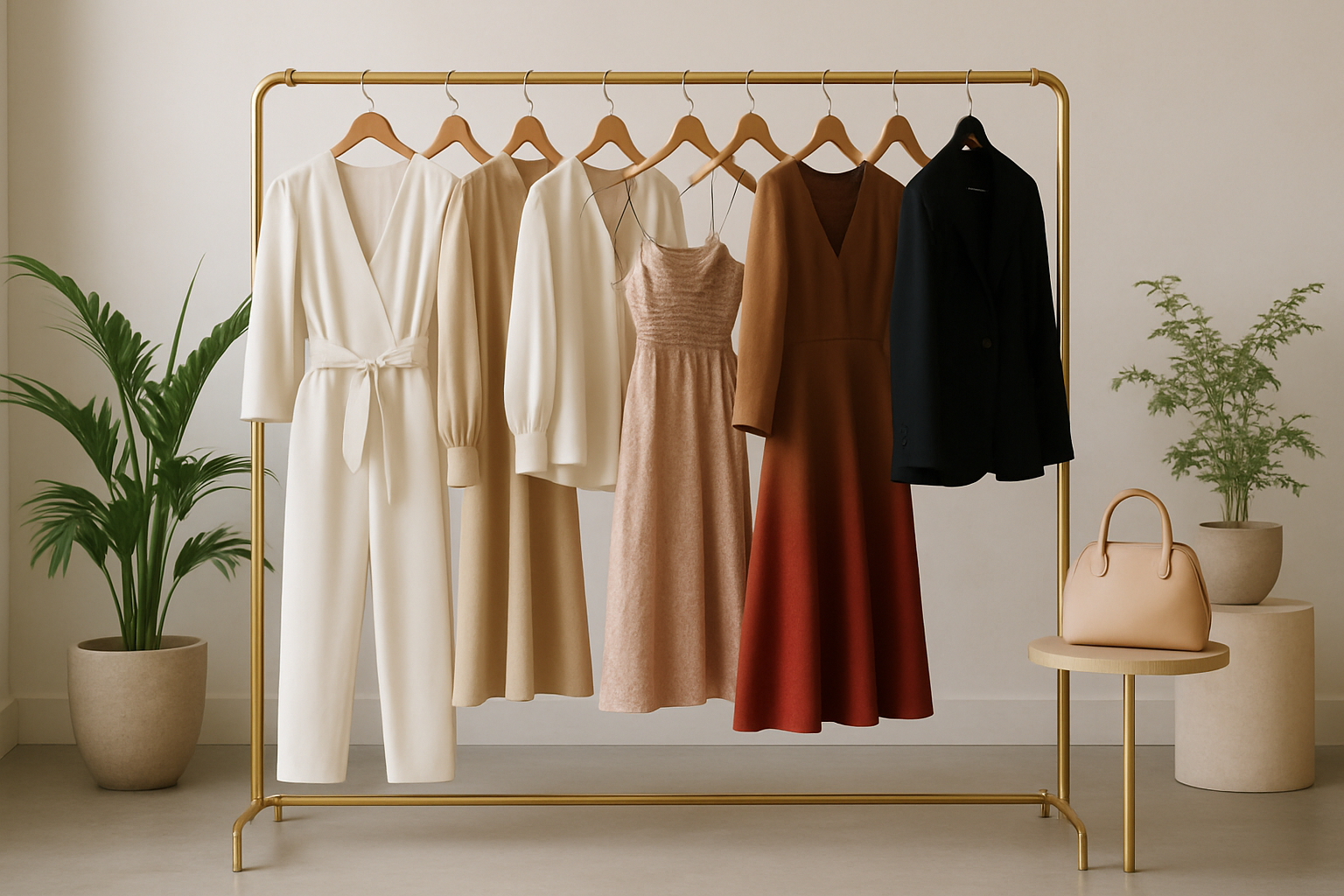 generate me an image of a clothing rack with womens clothes in a nice setting for my online store slideshow